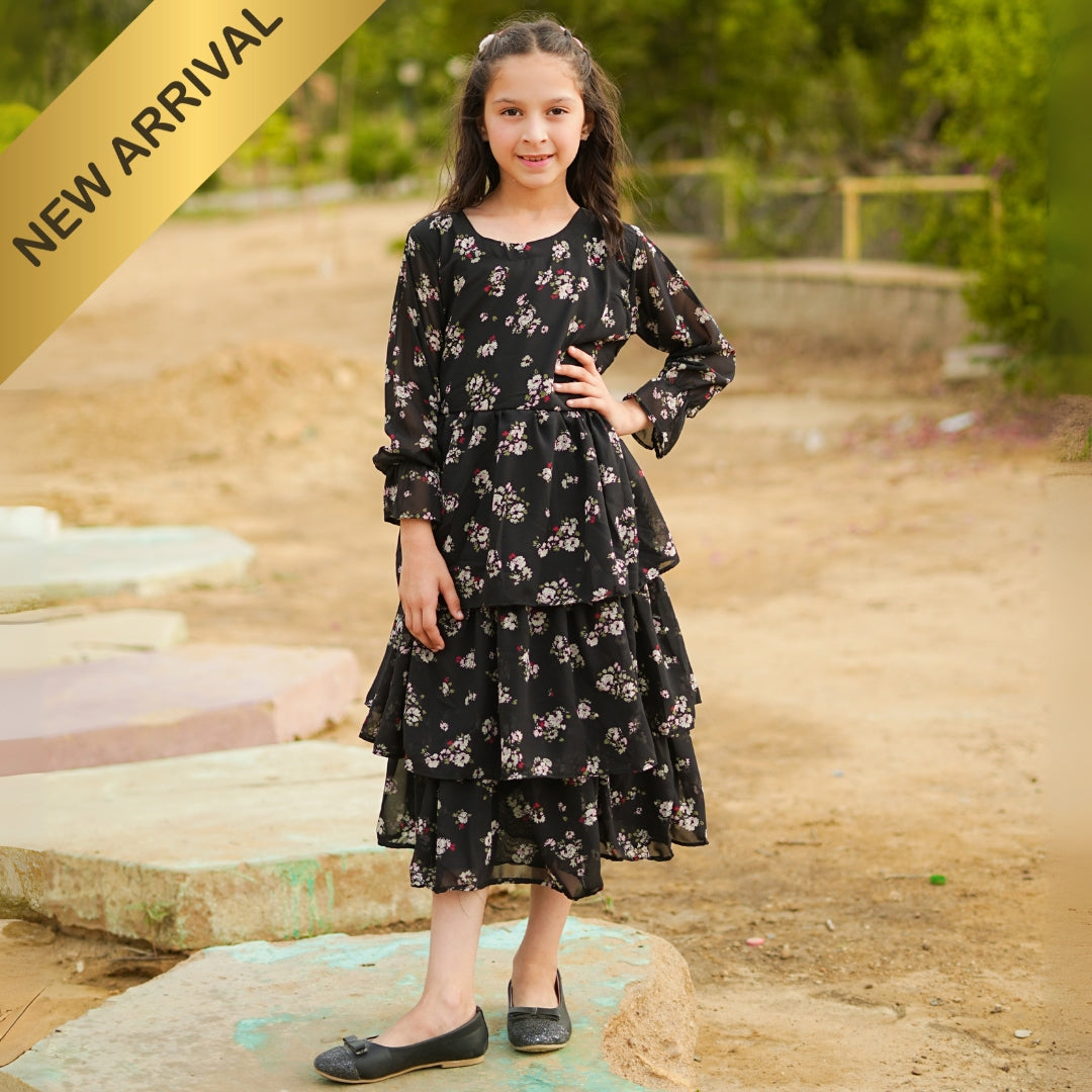 Figo - Black Floral Frill Maxi/Long Frock